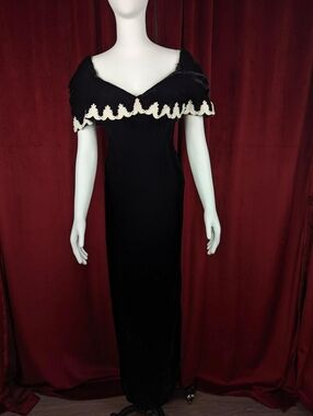 Vintage 90's Jordan Black & White Velvet Art Deco Embroidered Off Shoulder Dress